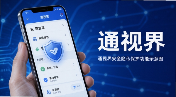 通视界安全隐私保护功能示意图，手机屏幕显示权限管理列表与盾牌图标，通视界名称清晰可见，背景为蓝色安全色调，突出可靠