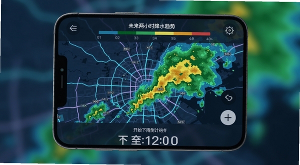 雨至天气分钟级降水雷达图界面,手机屏幕上显示城市地图轮廓,上面覆盖绿色与黄色雷达回波色块,屏幕顶部有“未来两小时降水趋势”文字,底部有开始下雨倒计时,整体色调科技感十足