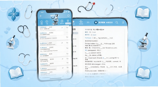 医师题库帮海量题库界面展示,画面主体为手机屏幕中显示医学题目列表与解析详情,背景为浅蓝色渐变,点缀医学符号与书本图标,突出题库丰富与专业感