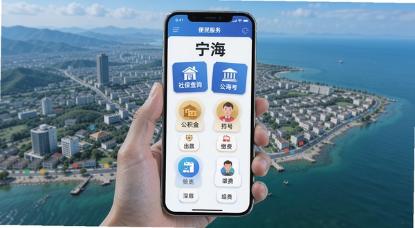 看宁海 便民服务页面 手机屏幕展示各类服务图标 如社保查询 公积金 挂号 缴费等 背景为宁海县鸟瞰图 风格科技感与生活化结合