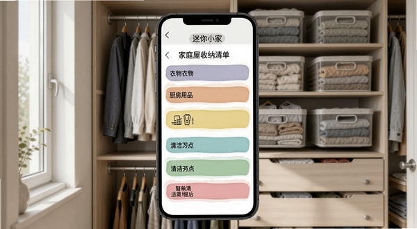 迷你小家:家庭屋收纳清单界面,手机屏幕显示分类物品列表,包含衣物、厨房用品、清洁工具等标签,背景为整洁的衣柜内部,收纳盒整齐排列,自然光线