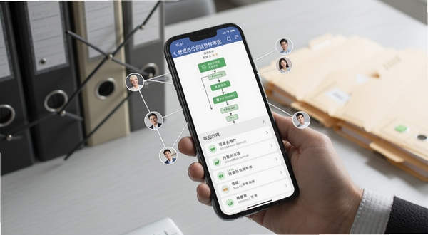 悠悠办公团队协作审批界面，手机屏幕显示审批流程图与待办事项列表，画面中有多个用户头像连接线，背景为浅灰色办公桌与文件夹，风格简洁商务