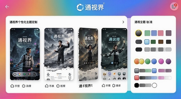 通视界个性化主题定制界面，展示多款主题预览卡片与颜色选择器，通视界LOGO位于顶部，背景为多彩渐变，突出个性化