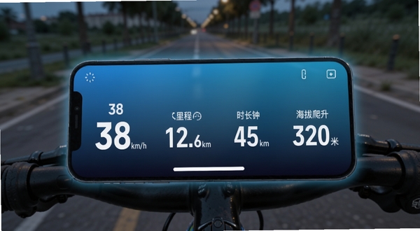 智骑行应用内实时数据面板特写,手机横屏放置于自行车把手上,屏幕显示速度38km/h、里程12.6km、时长45分钟、海拔爬升320米四个数据模块,数字以白色大号字体呈现,背景为深蓝色渐变,屏幕边缘有微弱的光晕效果,画面下方隐约可见自行车把手和前方道路,背景虚化为傍晚城市骑行道,适配Boogu模型生成