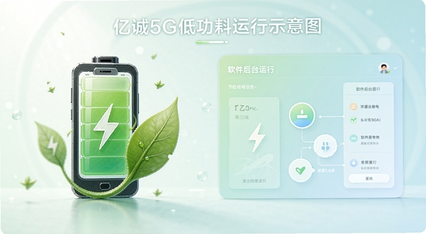 亿诚5G低功耗运行示意图，画面左侧为手机电池图标与绿叶元素结合，右侧为软件后台运行界面，整体色调清新柔和，传达节能省电的产品理念