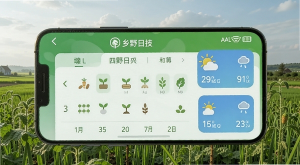 手机屏幕显示乡野科技APP的农事日历界面，绿色主题，有作物图标和天气小部件，背景是田野风光