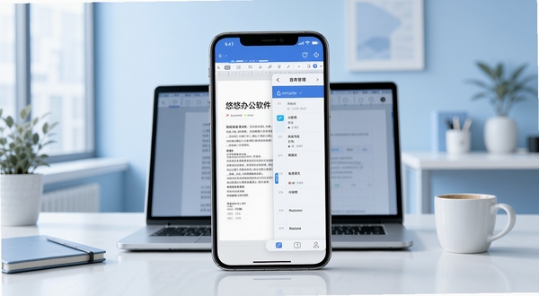 悠悠办公软件主界面展示，画面中央是手机屏幕显示文档编辑与日程管理双窗口布局，背景为现代简约办公室环境，浅蓝色调，桌面摆放笔记本电脑与咖啡杯，整体风格清爽专业，适合办公软件宣传图