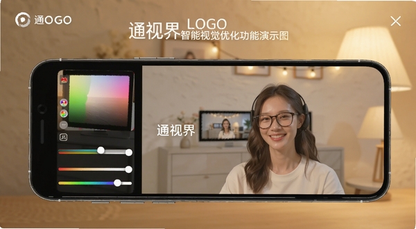 通视界智能视觉优化功能演示图，手机屏幕显示色彩调节滑块与预览画面，画面中有通视界LOGO，背景为柔和的暖色调，突出护眼与个性化设置