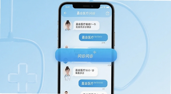 嘉会医疗在线问诊界面展示,手机屏幕中呈现医生头像与对话气泡,背景为浅蓝色渐变医疗风格,画面中央突出问诊按钮,细节清晰,适合应用商店预览图