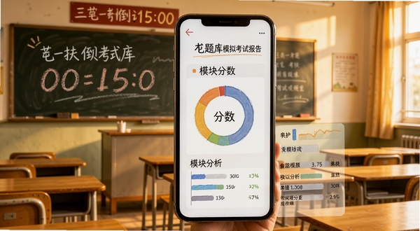 三支一扶考试题库模拟考试报告页面，画面中央为手机屏幕显示分数环形图与模块分析条，背景区域为教室黑板与课桌，黑板上有粉笔写的考试倒计时，整体色调偏暖，突出备考紧迫感