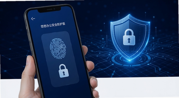 悠悠办公安全防护界面，手机屏幕显示指纹解锁与文件加密锁图标，背景为深蓝色科技感网格与盾牌元素，突出安全可靠