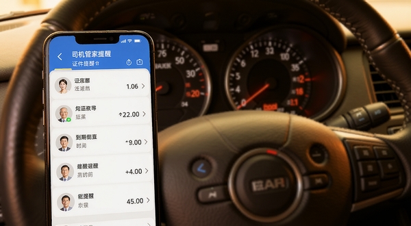 司机管家APP证件提醒界面,手机屏幕展示证件列表与到期倒计时,背景为驾驶室仪表盘区域,色调温暖,突出提醒功能的实用感