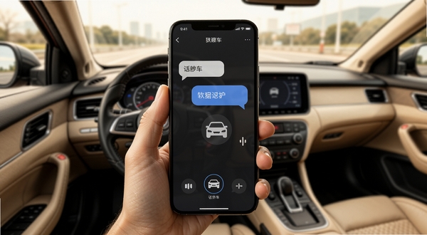 话痨说车 软件主界面展示 手机屏幕中央显示语音对话气泡与汽车图标 背景为车内驾驶舱视角 暖色调 简洁现代风格 高清细节