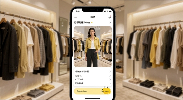 柠檬衣橱 购物辅助界面 手机屏幕显示搭配模拟与价格统计 背景为服装店陈列 柔和灯光 现代简约风格