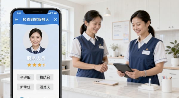 轻喜到家服务人员认证页面图,画面主体为手机屏幕中展示服务人员头像、星级评分与技能标签,背景区域为干净整洁的家政培训场景,明亮光线,写实风格,体现专业与信任感