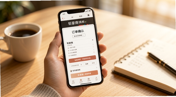 钜豪商城移动端使用教程示意图，画面为一只手拿着手机，屏幕显示钜豪商城订单确认页面，背景为柔和暖色调，桌面摆放咖啡杯和笔记本，营造日常购物场景