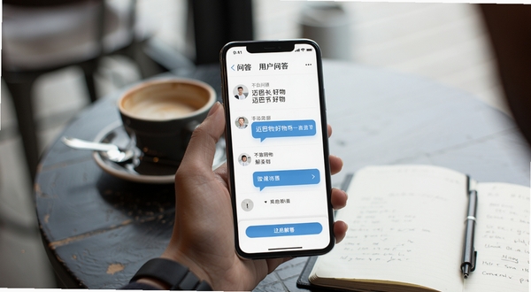 迈巴克好物用户问答场景图，手机屏幕显示问答界面，背景为咖啡厅桌面，旁边有笔记本和咖啡杯，画面轻松自然，突出互动与解答氛围