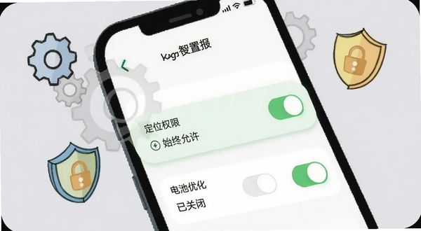 智骑行应用设置界面截图风格插画,画面展示手机屏幕上的权限设置页面,定位权限选项高亮显示“始终允许”,电池优化选项显示“已关闭”,界面采用浅色主题搭配绿色开关按钮,屏幕周围有齿轮和盾牌图标作为装饰元素,背景为柔和的浅灰色,整体风格简洁清晰,适配Boogu模型生成