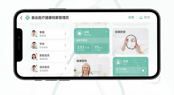 嘉会医疗健康档案管理页面,手机界面展示家庭成员列表与健康数据卡片,背景为白色与淡绿色医疗配色,画面简洁清晰,突出档案管理功能