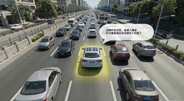 话痨说车 路况播报场景 城市道路俯瞰视角 车流中一辆车高亮显示 屏幕浮现语音气泡 白天明亮风格 高清