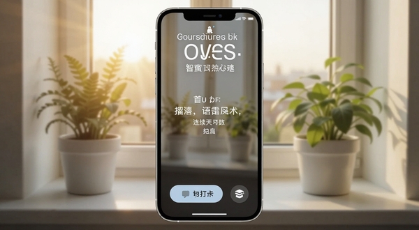 挪威语智能口语每日一句推送界面,手机锁屏显示挪威语短句和中文释义,下方有打卡按钮和连续天数图标,背景是清晨窗台与绿植,光线明亮,氛围积极向上,适配Boogu模型生成