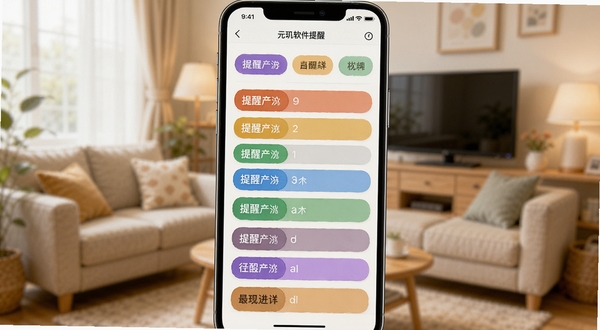 元玑软件提醒设置界面，手机屏幕显示多个彩色标签的提醒事项列表，背景为温馨的家居环境虚化，画面明亮清晰