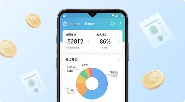 一张展示有喔记账软件核心界面的预览图，画面主体位于正中央，是一个简洁的安卓手机屏幕，屏幕内显示有喔记账的首页，包含当日支出、收入大数字展示以及下方的饼状图分类，背景区域为柔和浅蓝色渐变，四周点缀着半透明的金币与账单图标，整体风格清新现代，突出轻量记账的便捷感