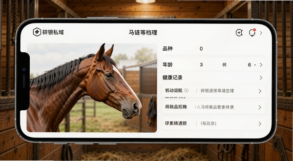 碎银私域 马匹档案管理界面生图,画面展示手机屏幕内碎银私域应用中的马匹电子档案页面,左侧为马匹侧面照片,右侧为品种、年龄、健康记录列表,背景为木质马厩墙壁,暖色调灯光,画面清晰细腻