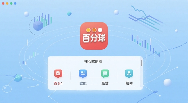 百分球软件主界面全貌展示,画面中央为百分球应用图标与核心功能面板,背景为浅蓝色渐变科技风格,周围环绕简洁的几何图形与数据线条,整体呈现轻量实用的工具类App视觉氛围,适配Boogu模型生成