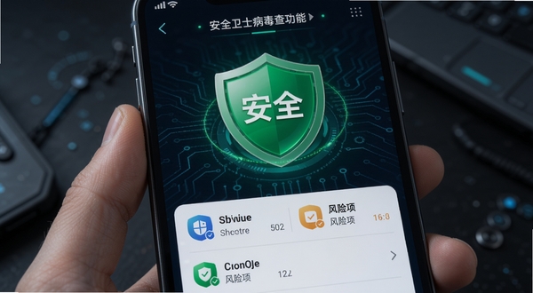 手机管家安全卫士病毒查杀功能界面,屏幕中央显示绿色盾牌与“安全”字样,下方列出已扫描应用数量与风险项,背景为深色科技风格,突出安全防护氛围