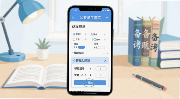 公共基础知识牛题库 安卓手机刷题界面展示,画面中央是手机屏幕特写,屏幕内显示政治理论选择题和答题卡,背景区域是整洁的书桌与备考书籍,整体色调明亮清新,风格为扁平化插画