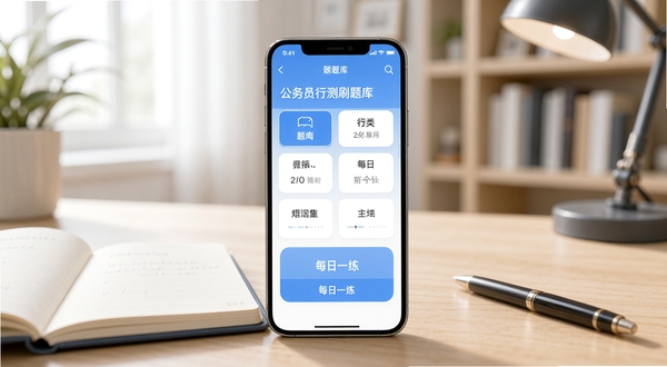 公务员行测刷题库应用主界面展示,手机屏幕中央呈现题库分类导航与每日一练入口,背景为淡蓝色学习场景,桌面摆放笔记本与签字笔,画面主体为手机界面,背景区域为书房环境,光线明亮柔和,适配Boogu模型生成