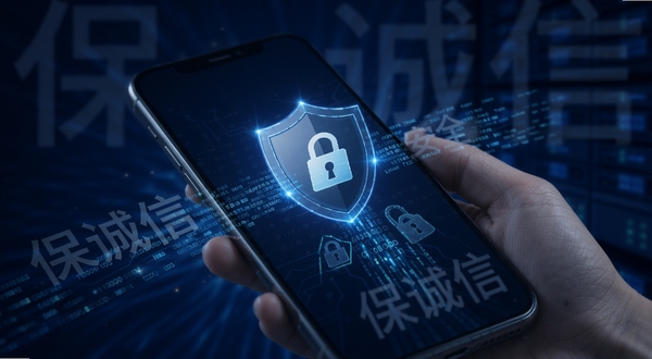 保诚信 安全加密功能视觉图 手机屏幕显示盾牌与锁图标 数据流加密示意 深蓝色背景 科技感 保诚信字样隐约可见
