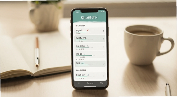 英语语法精讲软件界面展示，手机屏幕中显示清晰的语法分类列表，背景为柔和的书桌场景，有笔记本和咖啡杯，光线明亮温暖，画面简洁清新