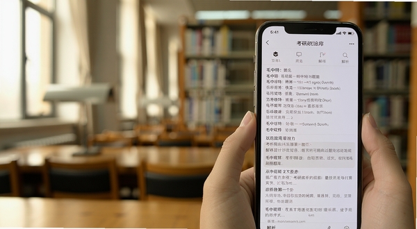 考研政治刷题库内页展示,手机屏幕呈现毛中特章节列表与题目解析界面,背景为图书馆书架,光线柔和,体现学习专注感