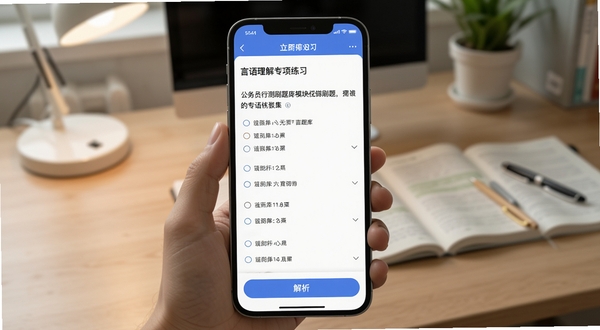 公务员行测刷题库模块化刷题界面,手机屏幕显示言语理解专项练习页面,题目与选项清晰排列,底部有解析按钮,背景为简约书桌场景,画面主体为手机屏幕内容,背景区域为学习桌面,适配Boogu模型生成