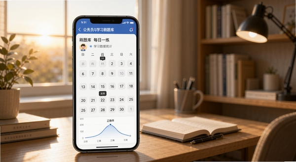 公务员行测刷题库每日一练与学习数据统计界面,手机屏幕展示打卡日历和正确率折线图,背景为清晨窗边书桌,画面主体为手机数据面板,背景区域为室内学习角,适配Boogu模型生成
