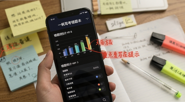 一帆驾考错题本功能展示，手机界面呈现错题统计图表和错题列表，旁边有红色标记重点提示，背景为学习书桌场景，有便签纸和荧光笔，突出复习备考氛围