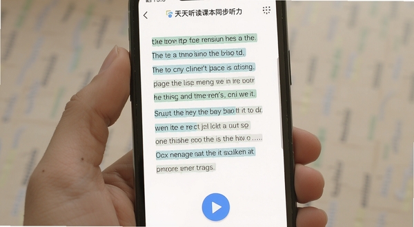 天天听读课本同步听力界面,手机屏幕显示英语课文逐句高亮,蓝色播放按钮,简洁白底学习界面