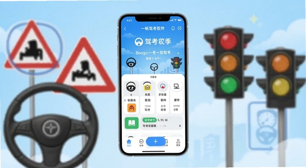 一帆驾考软件主界面展示，画面中央一部智能手机竖屏呈现驾考APP首页，背景为浅蓝色渐变驾考学习场景，包含方向盘、交通标志、红绿灯等元素，整体风格清爽明亮，适配Boogu模型生成