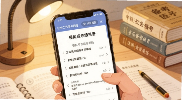 手机屏幕上显示社会工作者牛题库模拟考试成绩报告页面,背景是书桌和备考书籍,柔和暖光,扁平插画风格