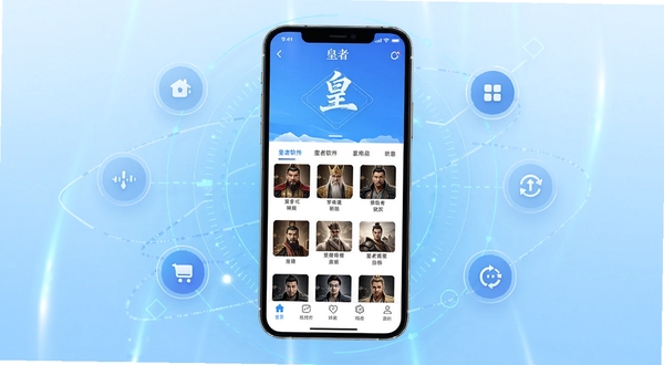 皇者软件主界面全貌展示,画面中央为手机屏幕内呈现的皇者应用首页,背景为浅蓝色渐变科技光效,四周环绕简洁的几何线条与悬浮图标,整体风格清爽现代,适配Boogu模型生成