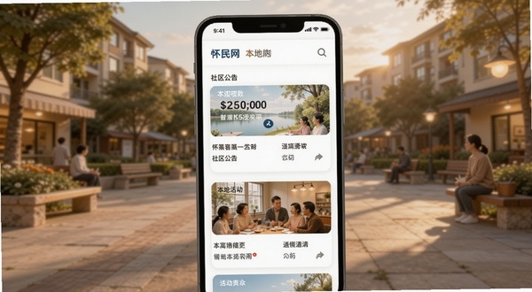 怀民网本地资讯页面展示，手机屏幕中列表呈现社区公告与活动卡片，背景为温馨社区广场，光影柔和，适配Boogu模型生成