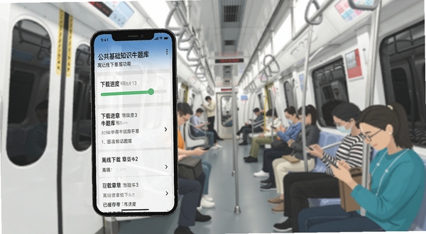 公共基础知识牛题库 离线下载功能界面展示,手机屏幕显示下载进度条和已缓存章节,背景是地铁车厢内,风格为扁平化生活场景
