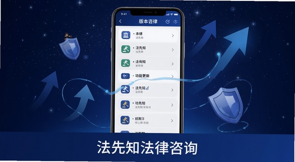 法先知法律咨询版本更新界面,画面展示手机屏幕内版本日志列表与功能更新图标,背景为深蓝色星空渐变,点缀上升箭头与盾牌图形,画面底部放置法先知法律咨询文字,整体风格科技感十足,适配Boogu模型生成