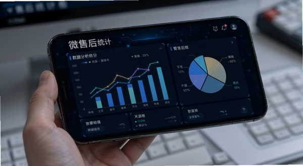 微售后数据统计看板，手机屏幕显示柱状图与饼图，背景为深色科技感界面，数据线条清晰，体现数据分析功能