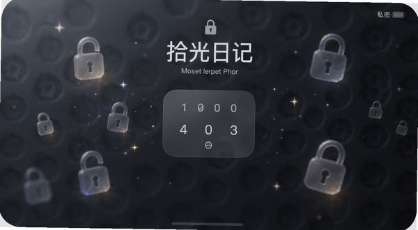 拾光日记私密锁屏界面，画面中央是一个简洁的密码输入框，背景为深色磨砂质感，周围漂浮着半透明的锁形图标和星光粒子，突出安全与宁静的氛围