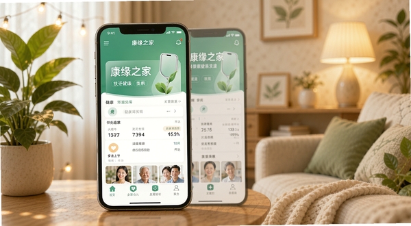 整体展现康缘之家APP首页界面,画面中央为手机屏幕展示应用主界面,背景区域为温馨的居家健康场景,包含绿色植物与暖色调灯光,整体风格清新自然,突出健康生活主题