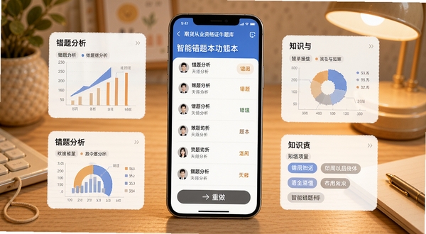 期货从业资格证牛题库智能错题本功能界面,手机屏幕展示错题列表与重做按钮,周围环绕错题分析图表与知识点标签,背景为柔和暖色调书桌场景