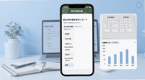 军队文职牛题库章节练习界面，手机屏幕显示题目和选项，旁边有答题卡和正确率统计图表，背景为淡蓝色学习场景，画面清晰简洁
